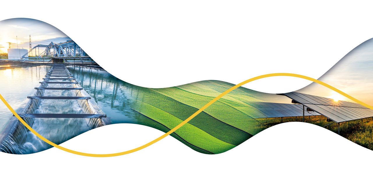 Onda grafica con all'interno un mix di foto rappresentative che richiamano la sostenibilità e l'economia circolare